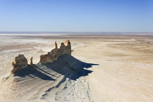 Stunning Mangystau landscape, Kazakhstan. Ak Orpa pinnacles aerial view, Bozzhira valley. Central asia landmark
