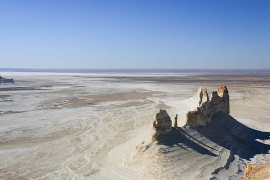 Stunning Mangystau landscape, Kazakhstan. Ak Orpa pinnacles aerial view, Bozzhira valley. Central asia landmark