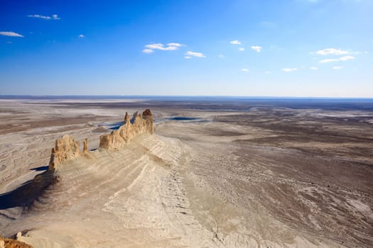 Bozzhira valley pinnacles aerial view, Mangystau region, Kazakhstan. Ak Orpa pinnacles. Beautiful central asia landmark