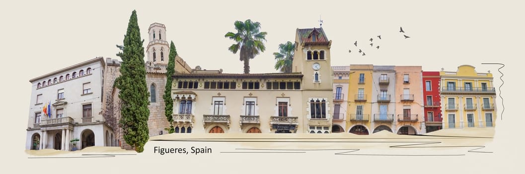 Art collage and design about historical facade of building at Figueres city in Catalonia, Spain