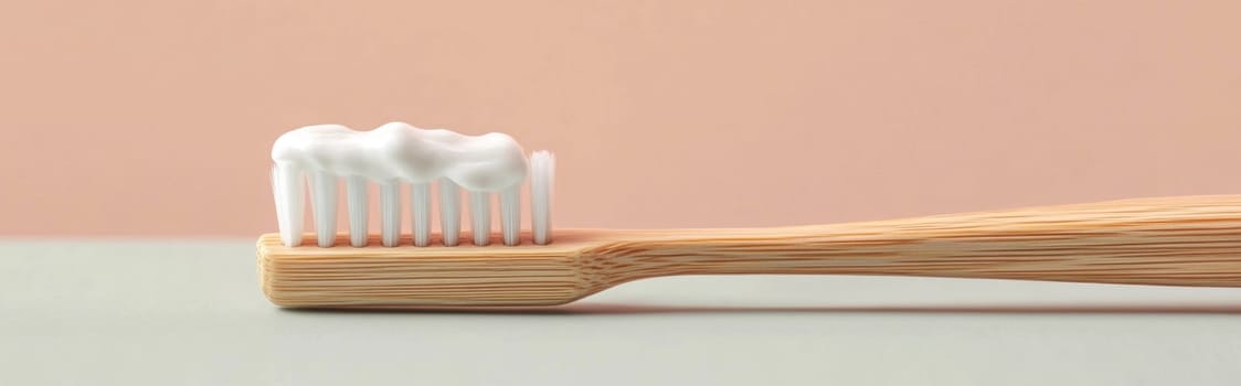 Toothbrush with toothpaste against solid color minimalist background with copy space, AI Generated