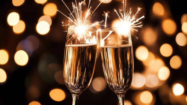 Two glasses of sparkling beverage are clinking together illuminated by bright sparklers creating a joyful celebratory atmosphere.