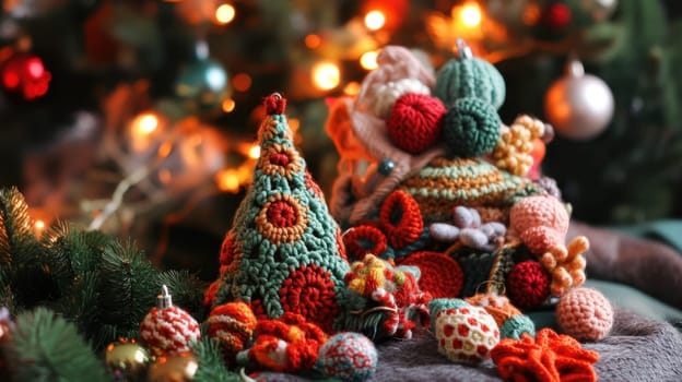 A variety of handmade crochet decorations are arranged on a table near a beautifully adorned Christmas tree showcasing vibrant colors and textures.