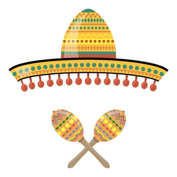 Vector Mexican sombrero with maracas. Cinco de mayo symbol isolated on white background.