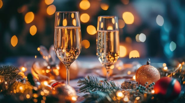 Two glasses of sparkling drink sit on a festive table adorned with decorations and warm lights perfect for a joyful celebration.