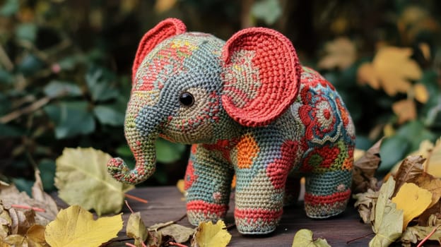 A vibrant crocheted elephant stands among colorful autumn leaves showcasing intricate designs and craftsmanship in a serene outdoor environment.