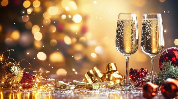 Two glasses filled with bubbly champagne sit on a festive table adorned with holiday decorations and lights perfect for a celebration.