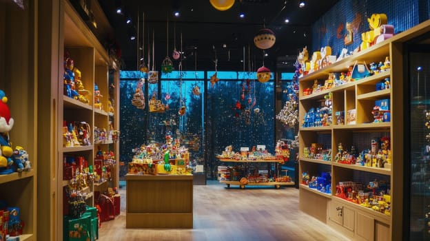 The toy store features colorful shelves filled with various toys and cheerful decorations creating an inviting atmosphere for kids and families.