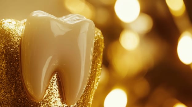 A beautifully crafted golden tooth shines brightly set against a shimmering background filled with soft lights suggesting a festive atmosphere.
