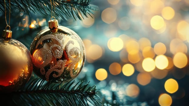 Two elegant golden ornaments hang on a Christmas tree shimmering amidst a backdrop of soft warm bokeh lights in a festive atmosphere.