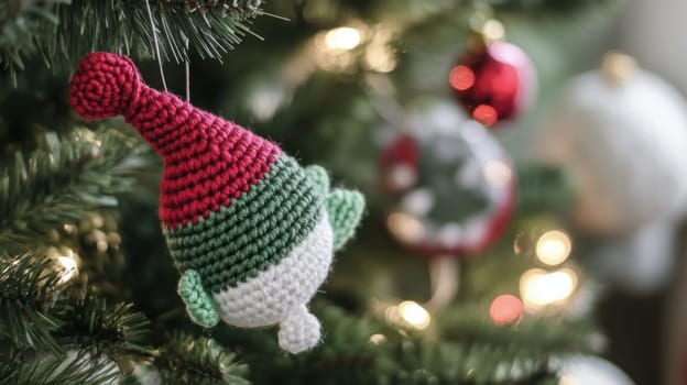 A colorful knitted ornament with a festive hat decorates a Christmas tree surrounded by twinkling lights and other decorations.