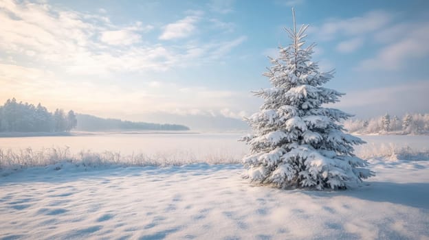 A lone tree blanketed in snow stands in a peaceful winter landscape near a frozen lake under a soft blue sky.