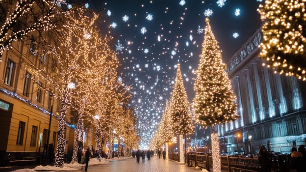 A beautifully decorated street comes alive at night with sparkling lights and snowflakes creating a magical winter atmosphere.