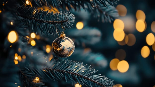 A beautiful glass ornament hangs on a pine tree illuminated by soft golden lights creating a festive holiday atmosphere.