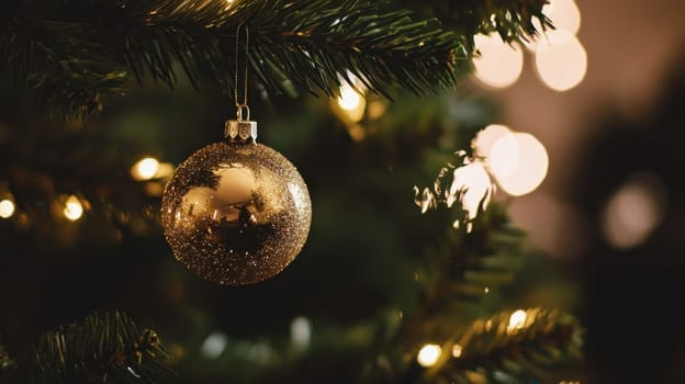 A sparkling golden ornament is elegantly hanging from a Christmas trees branch illuminated by warm glowing lights during the festive season.