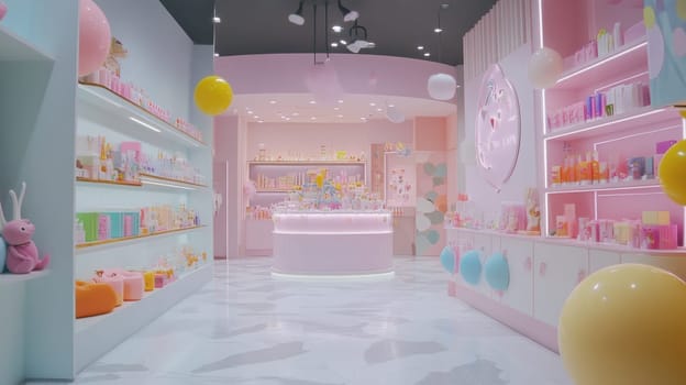 A charming pastel colored cosmetics store features playful decor inviting displays and a welcoming ambiance for shoppers.