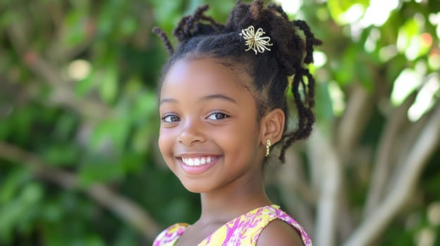 A cheerful girl with styled hair enjoys a sunny day in the garden surrounded by lush greenery and vibrant plants.