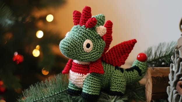 A charming crochet dragon ornament in festive colors sits near a decorated Christmas tree adding a playful touch to the holiday ambiance.