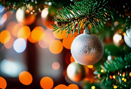 Colorful Christmas decorations adorn the branches of a spruce tree, vibrant balls in shades of blue, silver and golden embodying holiday cheer in winter. Happy New Year bokeh background generative AI.