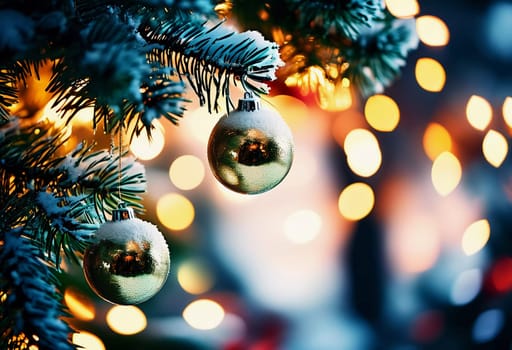 Colorful Christmas decorations adorn the branches of a spruce tree, vibrant balls in shades of blue, silver and golden embodying holiday cheer in winter. Happy New Year bokeh background generative AI.