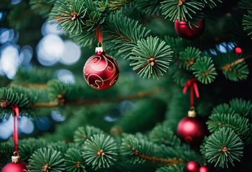 Colorful Christmas decorations adorn the branches of a spruce tree, vibrant balls in shades of red and pink, embodying holiday cheer in winter. Happy New Year art bokeh background. Generative AI.