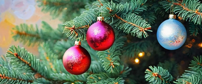 Colorful Christmas decorations adorn the branches of a spruce tree, vibrant balls in shades of red, blue and pink, embodying holiday cheer in winter. Happy New Year art bokeh background generative AI