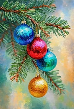 Colorful Christmas decorations adorn the branches of a spruce tree, vibrant balls in shades of red, blue, green, golden and pink, embodying holiday cheer. Happy New Year background. Generative AI.