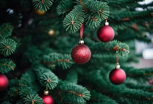 Colorful Christmas decorations adorn the branches of a spruce tree, vibrant balls in shades of red and pink, embodying holiday cheer in winter. Happy New Year art bokeh background. Generative AI.