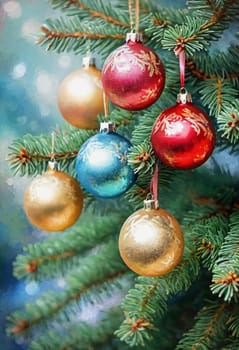 Colorful Christmas decorations adorn branches of a spruce tree, vibrant balls in shades of red, blue, golden and pink, embodying holiday cheer in winter. Happy New Year art background. Generative AI.