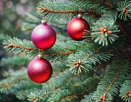 Colorful Christmas decorations adorn the branches of a spruce tree, vibrant balls in shades of red and pink, embodying holiday cheer in winter. Happy New Year art bokeh background. Generative AI.