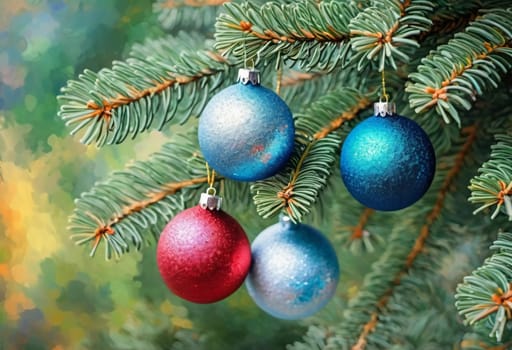 Colorful Christmas decorations adorn the branches of a spruce tree, vibrant balls in shades of red, blue and pink, embodying holiday cheer in winter. Happy New Year art bokeh background generative AI