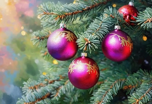 Colorful Christmas decorations adorn the branches of a spruce tree, vibrant balls in shades of red and pink, embodying holiday cheer in winter. Happy New Year art bokeh background. Generative AI.