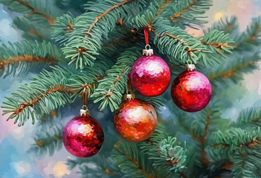 Colorful Christmas decorations adorn the branches of a spruce tree, vibrant balls in shades of red and pink, embodying holiday cheer in winter. Happy New Year art bokeh background. Generative AI.