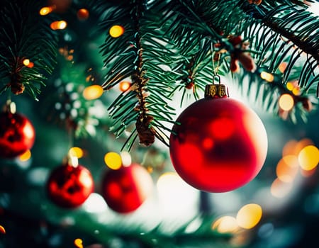 Colorful Christmas decorations adorn the branches of a spruce tree, vibrant balls in shades of red and pink, embodying holiday cheer in winter. Happy New Year art bokeh background. Generative AI.