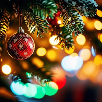 Colorful Christmas decorations adorn the branches of a spruce tree, vibrant balls in shades of red and pink, embodying holiday cheer in winter. Happy New Year art bokeh background. Generative AI.