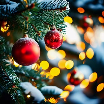 Colorful Christmas decorations adorn the branches of a spruce tree, vibrant balls in shades of red and pink, embodying holiday cheer in winter. Happy New Year art bokeh background. Generative AI.