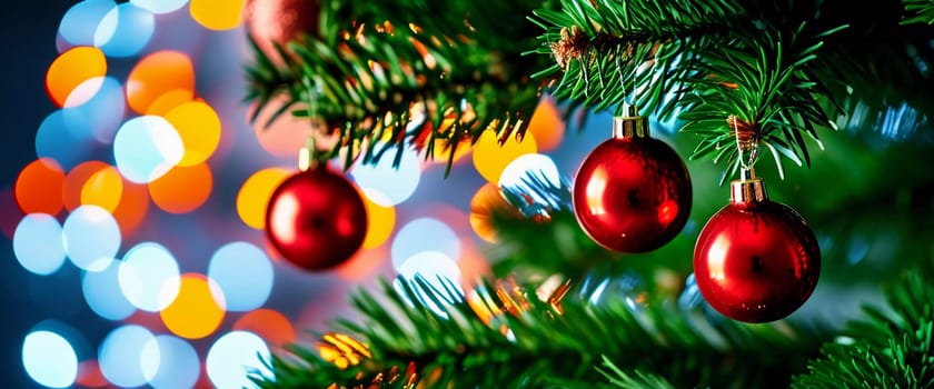 Colorful Christmas decorations adorn the branches of a spruce tree, vibrant balls in shades of red and pink, embodying holiday cheer in winter. Happy New Year art bokeh background. Generative AI.