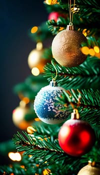 Colorful Christmas decorations adorn branches of a spruce tree, vibrant balls in shades of red, blue, golden and pink, embodying holiday cheer in winter. Happy New Year art background. Generative AI.