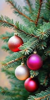 Colorful Christmas decorations adorn the branches of a spruce tree, vibrant balls in shades of red, golden, silver and pink, embodying holiday cheer in winter. Happy New Year art background. AI.