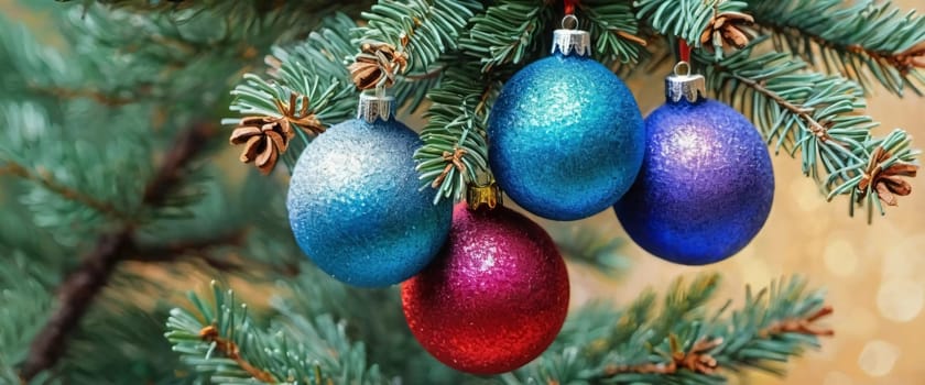 Colorful Christmas decorations adorn the branches of a spruce tree, vibrant balls in shades of red, blue, purple and pink, embodying holiday winter cheer. Happy New Year art background. Generative AI.