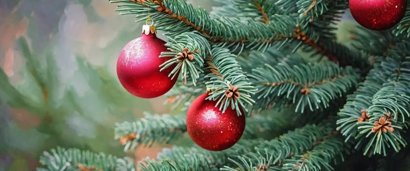 Colorful Christmas decorations adorn the branches of a spruce tree, vibrant balls in shades of red and pink, embodying holiday cheer in winter. Happy New Year art bokeh background. Generative AI.