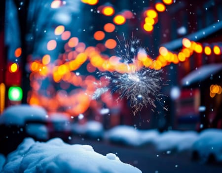 A quiet winter evening envelops a city street, where gently falling snow enhances the glow of Christmas lights. The festive atmosphere attracts people celebrating the New Year. Generative AI.
