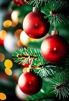 Colorful Christmas decorations adorn the branches of a spruce tree, vibrant balls in shades of red and pink, embodying holiday cheer in winter. Happy New Year art bokeh background. Generative AI.