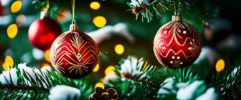 Colorful Christmas decorations adorn the branches of a spruce tree, vibrant balls in shades of red and pink, embodying holiday cheer in winter. Happy New Year art bokeh background. Generative AI.