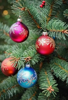 Colorful Christmas decorations adorn the branches of a spruce tree, vibrant balls in shades of red, blue and pink, embodying holiday cheer in winter. Happy New Year art bokeh background generative AI