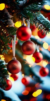 Colorful Christmas decorations adorn the branches of a spruce tree, vibrant balls in shades of red and pink, embodying holiday cheer in winter. Happy New Year art bokeh background. Generative AI.