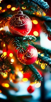 Colorful Christmas decorations adorn the branches of a spruce tree, vibrant balls in shades of red and pink, embodying holiday cheer in winter. Happy New Year art bokeh background. Generative AI.