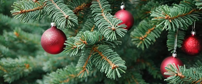 Colorful Christmas decorations adorn the branches of a spruce tree, vibrant balls in shades of red and pink, embodying holiday cheer in winter. Happy New Year art bokeh background. Generative AI.