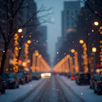 A quiet winter evening envelops a city street, where gently falling snow enhances the glow of Christmas lights. The festive atmosphere attracts people celebrating the New Year. Generative AI.