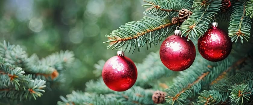 Colorful Christmas decorations adorn the branches of a spruce tree, vibrant balls in shades of red and pink, embodying holiday cheer in winter. Happy New Year art bokeh background. Generative AI.